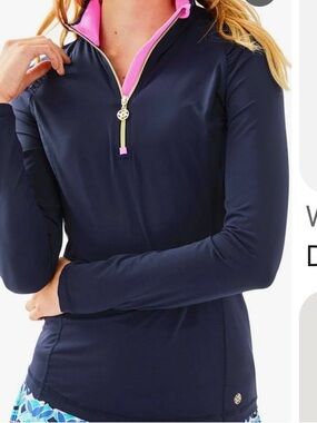 Lilly Pulitzer Pauline LUXLETIC top. 55+ SPF Quarter-Zip Shirt with Pink Trim